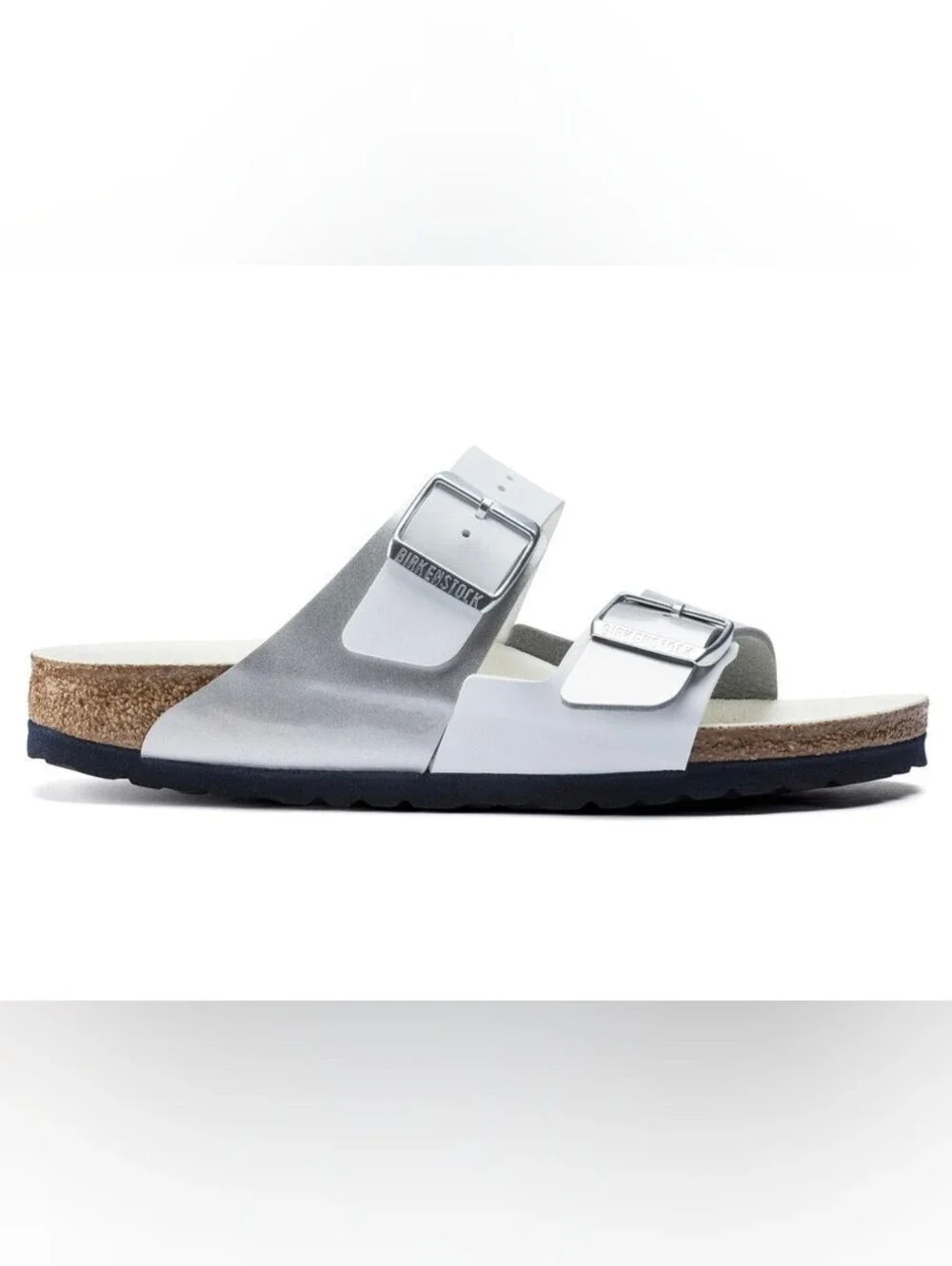 Birkenstock Arizona Two-Strap Sandal in Silver/White Size 39